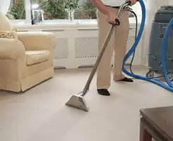 Carpet cleaning professional removing dirt and stains with a hot-water extraction tool in a home, Tampa, FL.