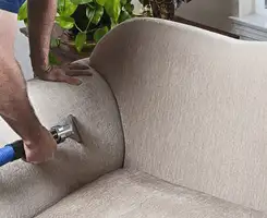 Professional upholstery cleaner deep-cleaning a fabric sofa with a handheld extraction tool and hose in Tampa, FL.